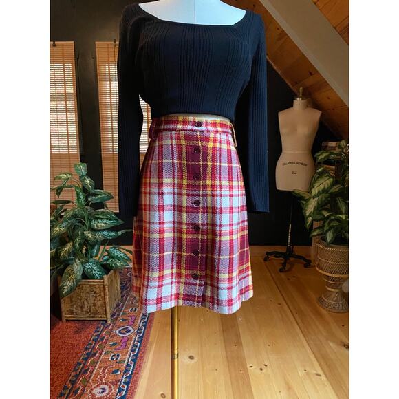 Mini Skirt Plaid Red Wool Vintage 60s - Picture 3 of 7